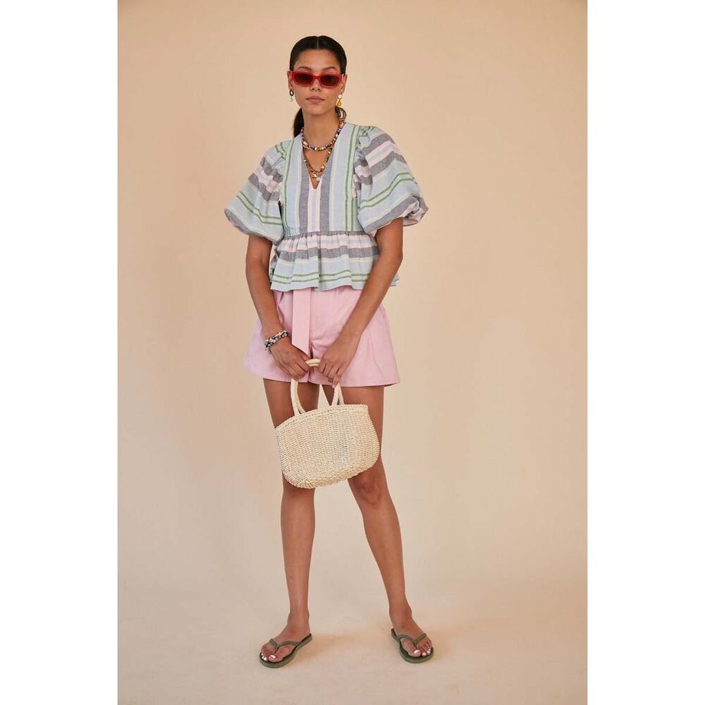 Hunter Bell Pink Blue Striped Linen Blend Landry Puff Blouse Top Size Medium
